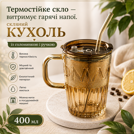 Еко-склянка з термостійкого скла 400 мл з багаторазовою трубочкою для гарячих та холодних напоїв коричневий | Зображення 7