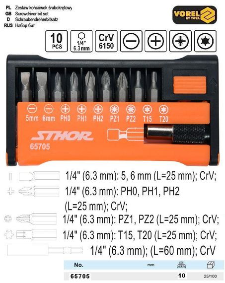 Набор бит Польша насадки 1/4" l=25 мм 10 штук STHOR-65705