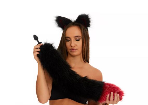 Анальний хутряний хвіст без пробки, Чорний з темно-червоним кінчиком, OKOVA 60 см. sexstyle | Зображення 2