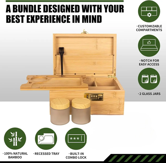 Дерев’яна скринька для зберігання з кодовим замком, органайзер з 2 банками і знімним розділювачем, коробка бамбукова, ящик | Зображення 1