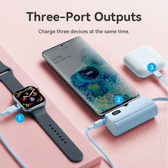 УМБ Vention 4800mAh 22,5W PD, USB-C In/Out, LED display, with built-in USB-C cable Blue | Зображення 3