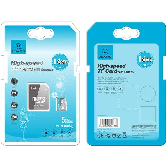Карта пам'яті Usams US-ZB117 (TF High Speed Card) microSDHC Class 10 - 16GB (з адаптером) Blue | Зображення 1