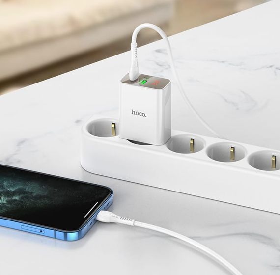 Зарядное устройство Hoco C100A USB QC3.0 / Type-C (PD) 20W быстрая зарядка с дисплеем - White | Зображення 5