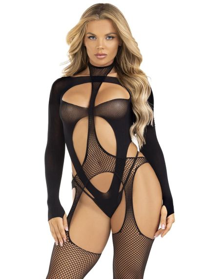 Бодістокінг 2 в 1 Leg Avenue Bodystocking with cutout teddy, One Size, чорний, панчохи-сітки і тедді Sex Aura | Зображення 2
