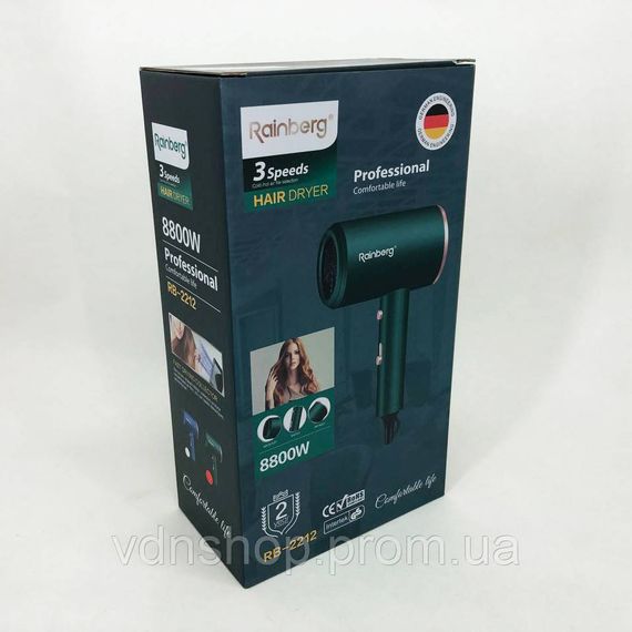 Фен с регулируемой скоростью и температурой Rainberg, Портативный фен для сушки, Электрофен с насадками IE-60 | Зображення 9