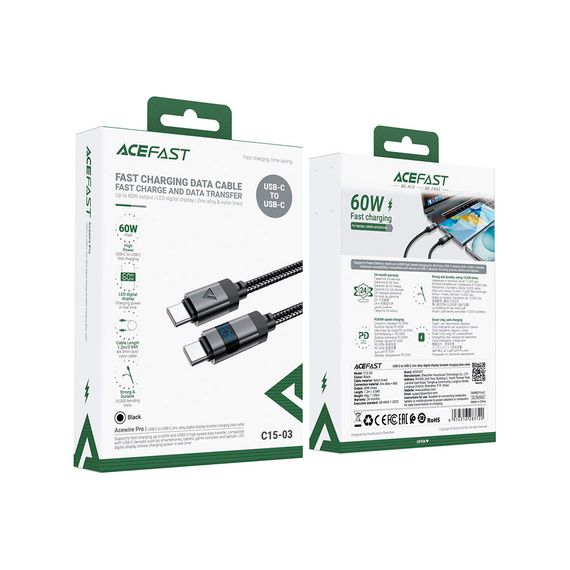 Дата кабель USB-C to USB-C 1.2m 60W digital display C15-03 Black Acefast (6974316283720) | Зображення 4