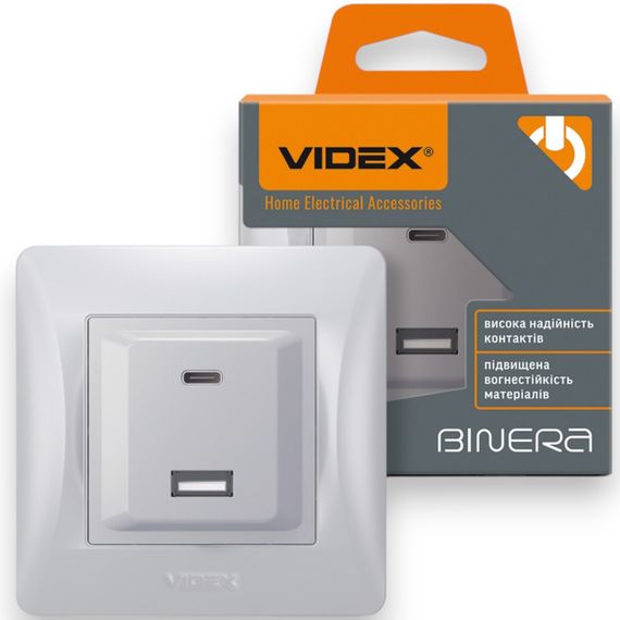 Розетка VIDEX BINERA USB-A + USB-C PD20W, швидка зарядка, 2 порти, срібний шовк (VF-BNCHRUC20-SS) | Зображення 1