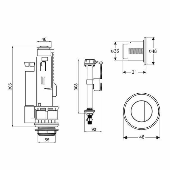 Qtap HY3 (Nando) комплект арматури для бачка унітаза з подвійною круглою кнопкою змиву 4,8 см і клапаном нижнього подавання води, 3/6L | Зображення 1