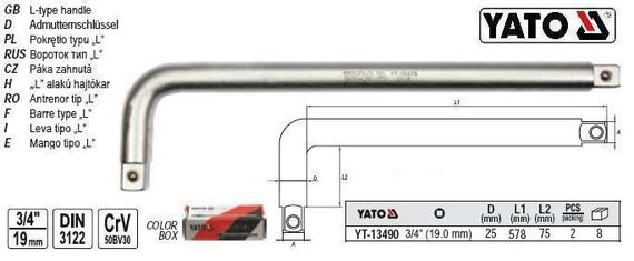 Вороток тип-L квадрат 3/4" L-600х100 мм YATO YT-13490