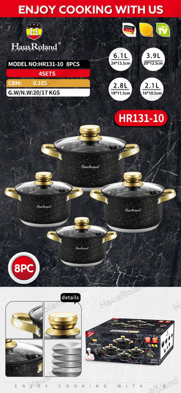 Набор кастрюль Haus Roland HR131-10, 4 шт из нержавеющей стали 2,1/2,8/3,9/6,1 л, с гранитным покрытием. Черный (HR131-10) | Зображення 1