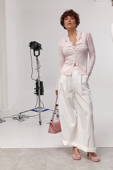 Легкий лонгслів на ґудзиках у комплекті з мереживною майкою - рожевий цвет, ONE SIZE (є розміри) | Зображення 2