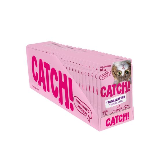 НАБІР Корм вологий Catch! для дороcлих котів три види м_яса з овочами в желе 24 шт х 85г. | Зображення 1