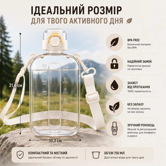 Бутылка для воды 750 мл бежевая, BPA-free с ремешком и мерной шкалой | Зображення 5