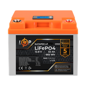 Акумулятор LP LiFePO4 для ДБЖ LCD 12V (12,8V) - 52 Ah (665Wh) (BMS 50A/25А) пластик