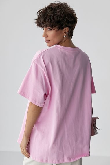 Оверсайз футболка з вишитими написами - рожевий цвет, ONE SIZE (є розміри) | Зображення 1