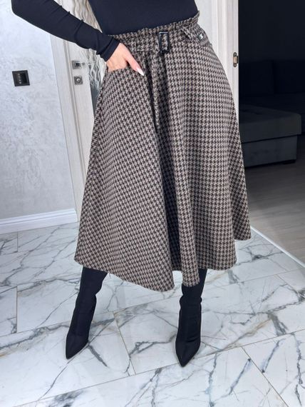 Женская свободная юбка гусиная лапка трапеция миди BU8777 цвет черно-коричневый, размер 46/48