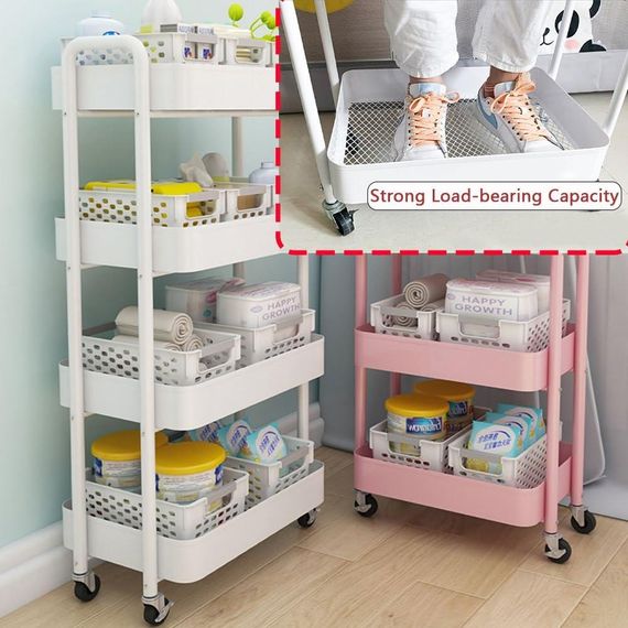 Органайзер на колесах 4-ярусний, етажерка металева складна підлогова, полиця для зберігання для кухні, ванної, мобільний стелаж | Зображення 4