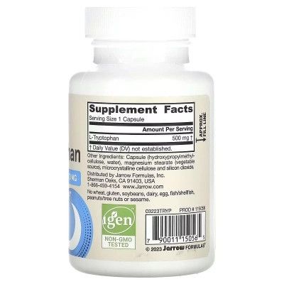 Аминокислота Jarrow Formulas L-триптофан, 500 мг, L-Tryptophan, 60 вегетарианских капсул (JRW-15056) | Зображення 1