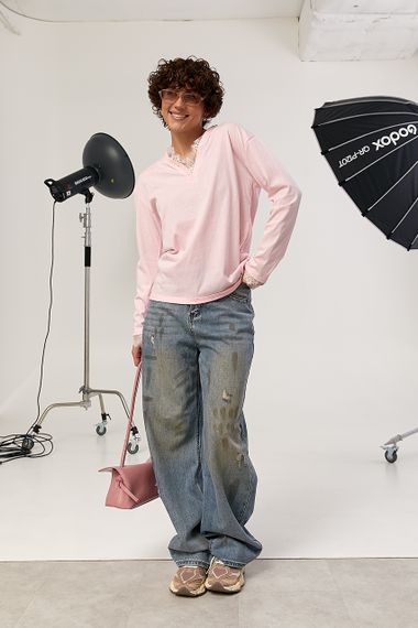 Вільний лонгслів з мереживом - пудра цвет, ONE SIZE (є розміри) | Зображення 2