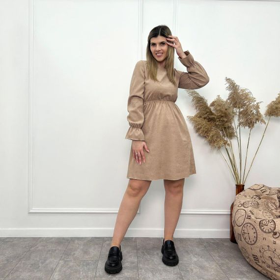 Женское модное вельветовое платье с завышенной талией GF08574 цвет пудровый, размер 50/52 | Зображення 3