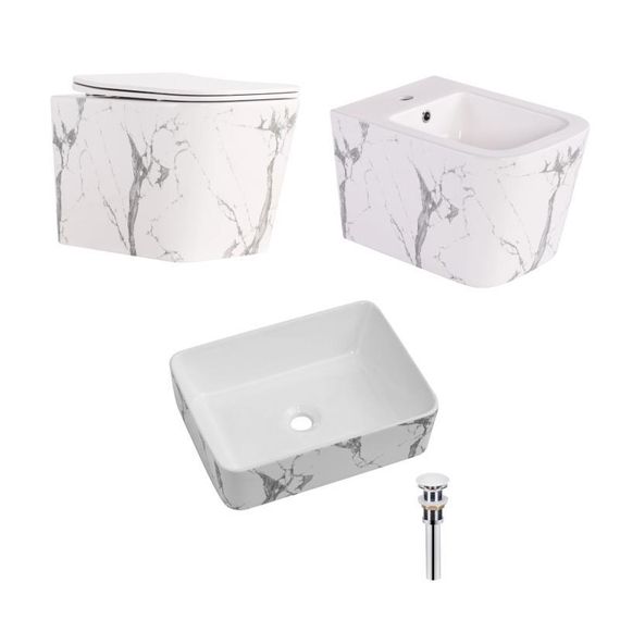 Комплект Qtap Tern Marble 3 в 1: подвесной унитаз Ultra Quiet + биде подвесное + раковина накладная QTERMR49164
