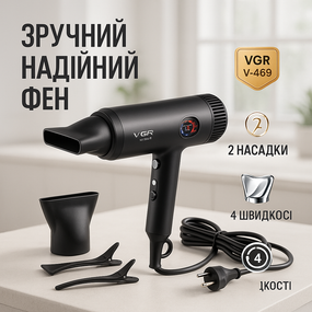 Фен для разных типов волос VGR V-469 2400Вт, Профессиональный фен оригинал с мощным мотором AT-16