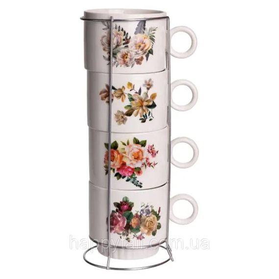 Набор чашек для чая и кофе на металлической подставке Flower 4 (шт) по 300 (мл) подарочный набор фарфоровых чашек FM-7
