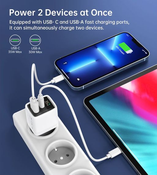 Мережевий зарядний пристрій Choetech PD6052-EU-WH, USB-A/USB-С | Зображення 7