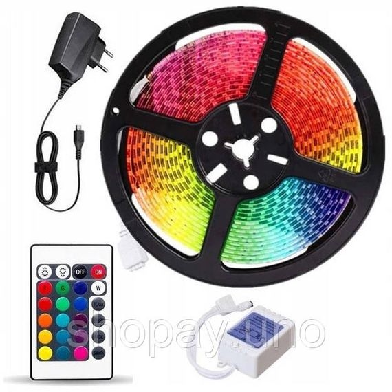 Світлодіодна стрічка SMD 3528 RGB 5м з пультом та блоком живлення гірлянда KF-21 | Зображення 1