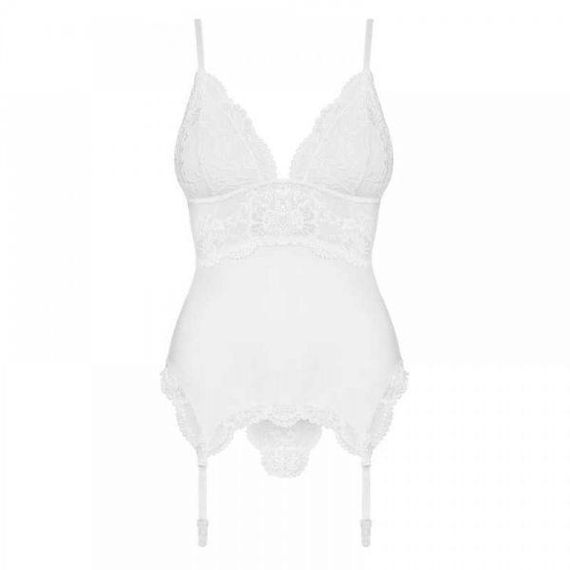 Корсет кружевной Obsessive 810-COR-2 с пажами для чулок, в комплекте кружевные стринги, белый, S/M sexstyle | Зображення 1