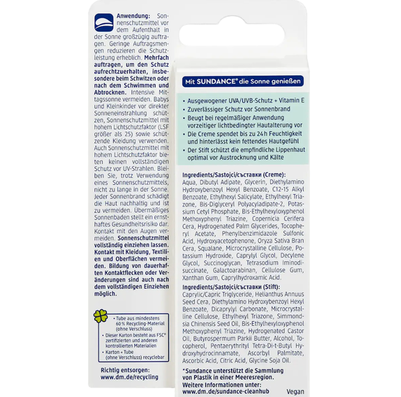 Сонцезахисний крем + бальзам для губ SUNDANCE Sonnenschutz Kombi Gesicht Creme + Stift Sensitiv LSF50+ (25ml + 3g) | Зображення 2