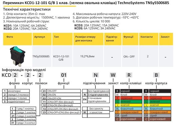 Перемикач KCD1-12-101 G/B 1 кнопка зелена овальна клавіша Ny95500685 | Зображення 1