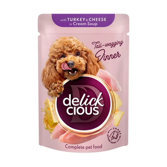 Вологий корм пауч Delickcious для дорослих собак, індичка та сир 85г