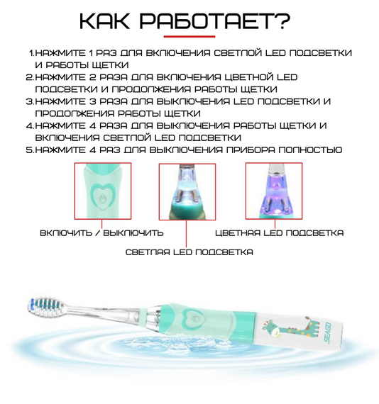 Детская Электрическая Зубная Щетка Звуковая с LED Подсветкой 4 Насадки Seago SG977 Sonic Розовая | Зображення 3