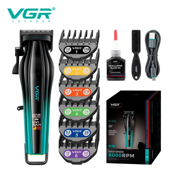Аккумуляторная машинка для стрижки VGR V-273 GREEN, 6 насадок, 8000 RPM, 3000 mAh, LED дисплей | Зображення 6