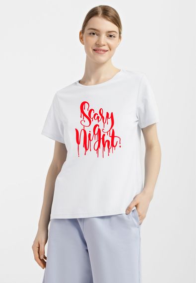 Футболка жіноча біла з принтом "Страшна ніч", 2XL