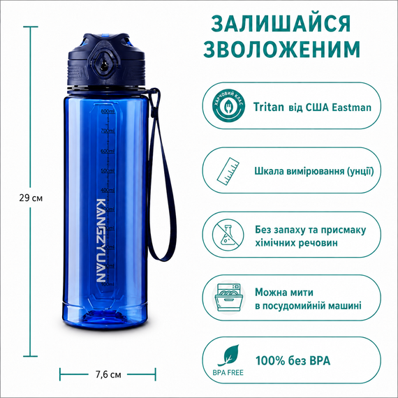 Бутылка KANGZYUAN 500 мл - Синяя Tritan BPA-free, ударопрочная, спортивная с герметичной крышкой | Зображення 1