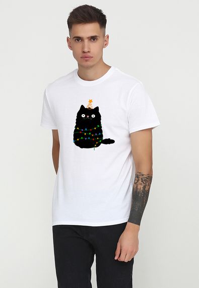 Футболка чоловіча біла з принтом "Чорний кіт", 2XL