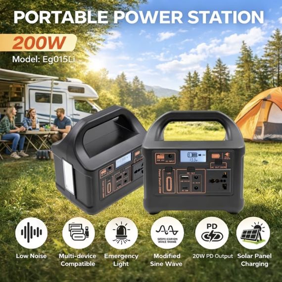Портативна електростанція 200W — LiFePO4 батарея, з функцією UPS, розеткою 220В, швидкою зарядкою PD та сонячним входом.