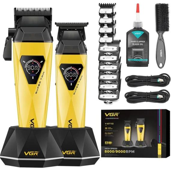 Набір машинок для стриження VGR V-877S2 Gold/Green 2 в 1 з тримером, LCD-дисплеєм, насадками та USB-C зарядкою | Зображення 1
