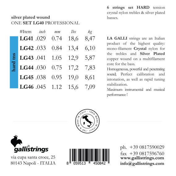 Струни для класичної гітари Gallistrings LG40 (.029-.045), La Galli, HARD, Silver | Зображення 1