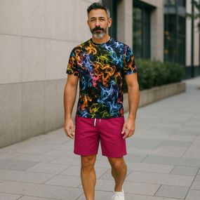 Чоловічий літній трикотажний костюм футболка з принтом Кольоровий дим та рожеві шорти батал 62