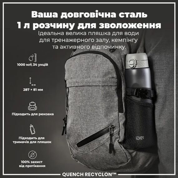 Пляшка для води ION8 1000 мл (ЕКО пляшка) BPA Free Grey (I8RF1000GRY) | Зображення 2