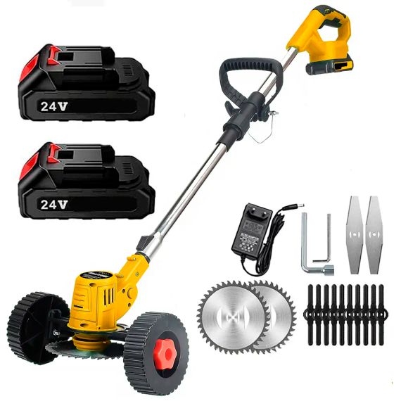 Набір акумуляторна коса для трави з 2 АКБ 24v / Газонокосарка-триммер з колесами та насадками Жовтий