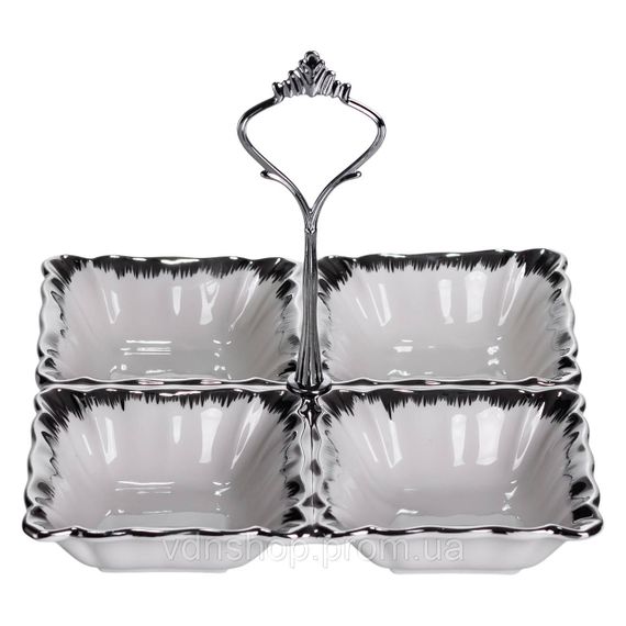 Менажниця порцелянова на 4 секції для закусок 18×18×3 (см) з ручкою Білий з сріблом LC-BYL-100-S | Зображення 3