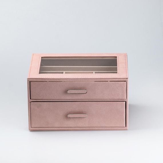 Скринька органайзер для прикрас прямокутна на два яруси з екошкіри 24.5 х 17.5 х 14 см Пудрова | Зображення 3