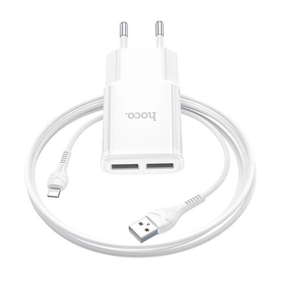 Набір СЗУ 110-240V HOCO C88A + кабель Lighting, 2xUSB, 2.4A, кабель 1м, White