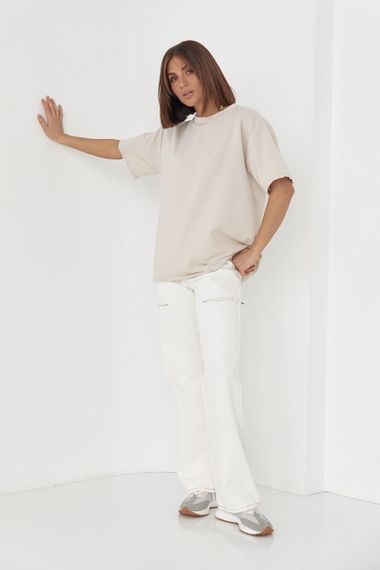 Однотонная женская футболка в стиле oversize - бежевый цвет, M (есть размеры) | Зображення 2