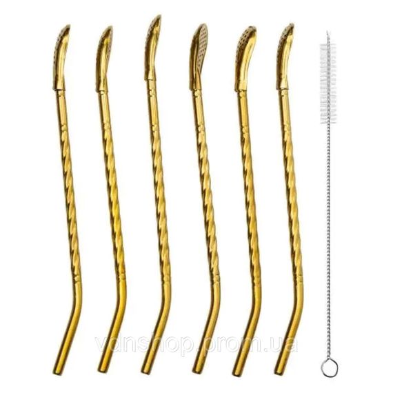 Набор многоразовых ложек-трубочек 6 шт для напитков 19.5 см с щеткой для мытья из нержавеющей стали Бронзовый HP-20-55