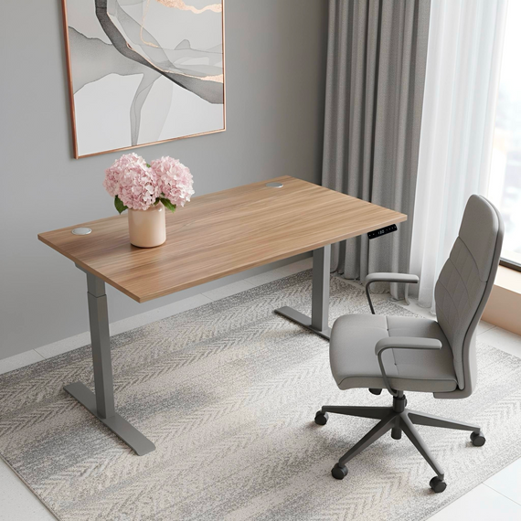 Стіл з електричним регулюванням висоти, двомоторний, 2-ступеневий, з двома заглушками, сірий каркас, 1600х800х718-1223 мм | Зображення 1